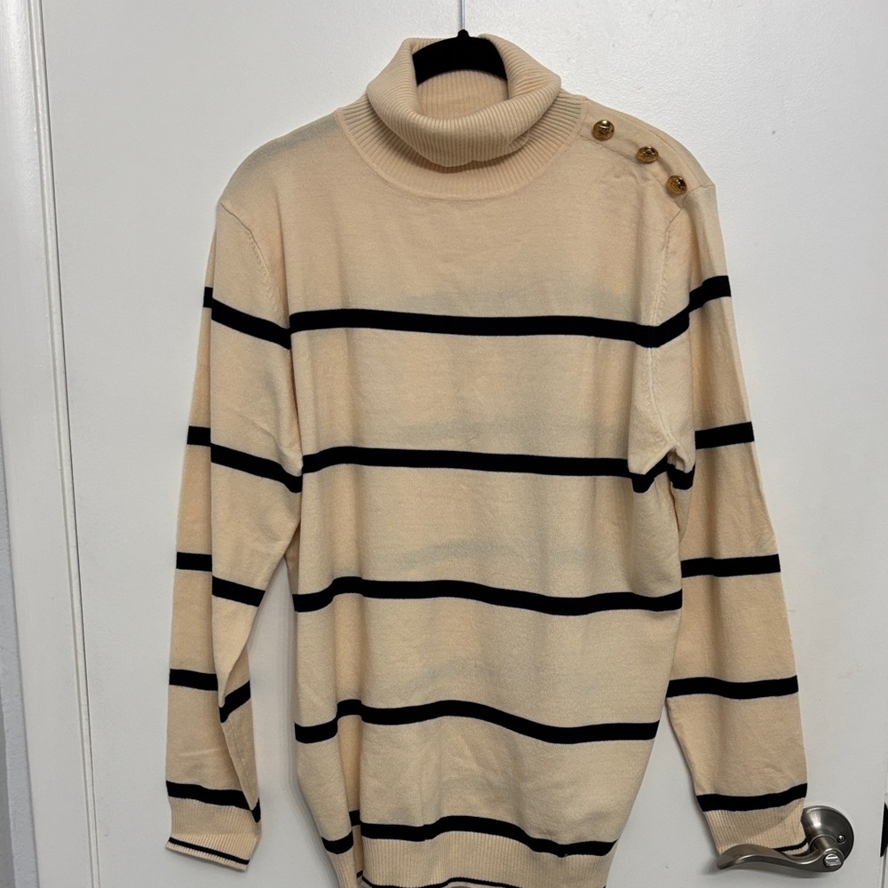 Stylish Beige and Black Striped Turtleneck Sweater